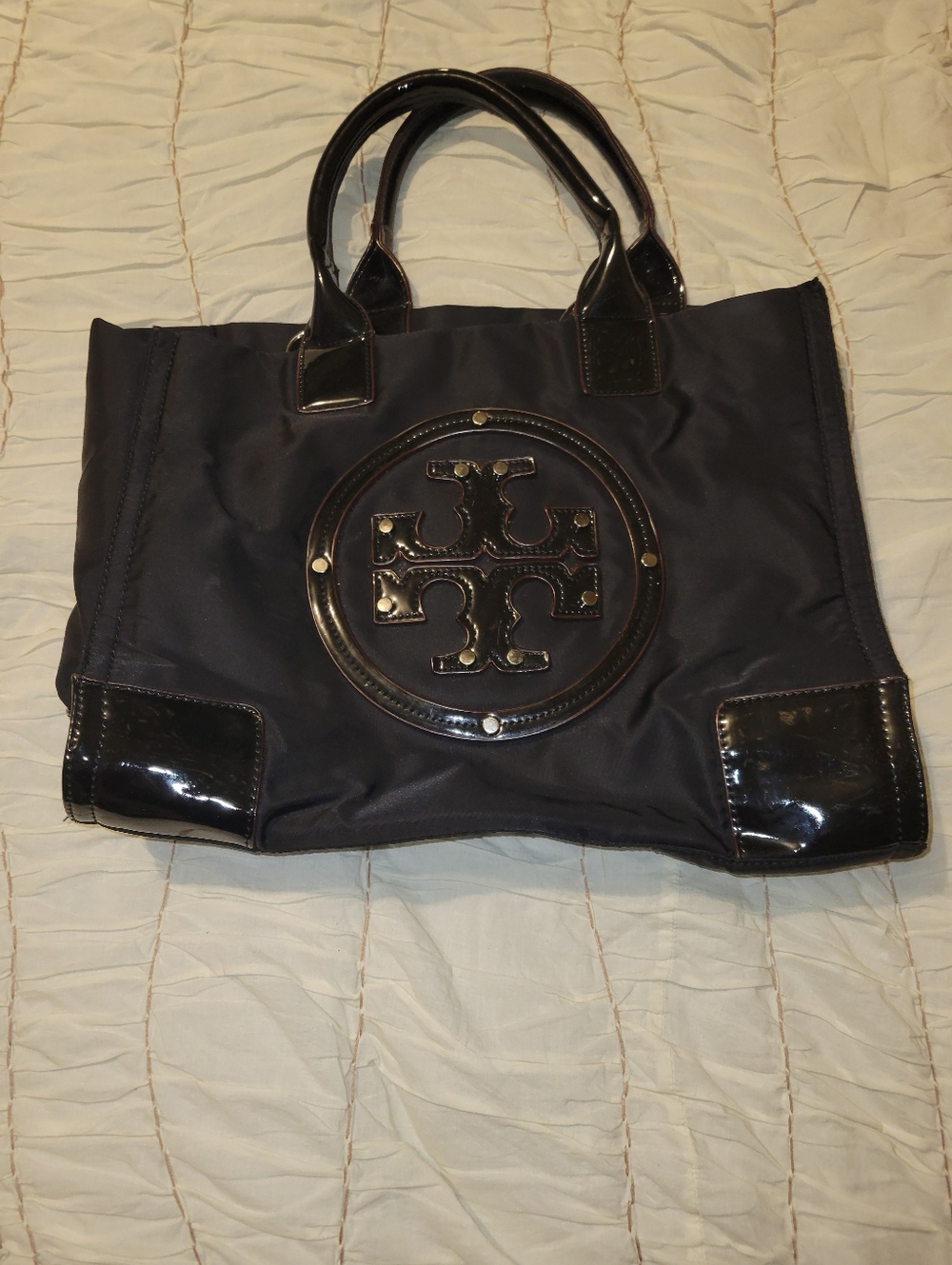 Tory Burch Black Nylon Tote with Patent-Trim Logo